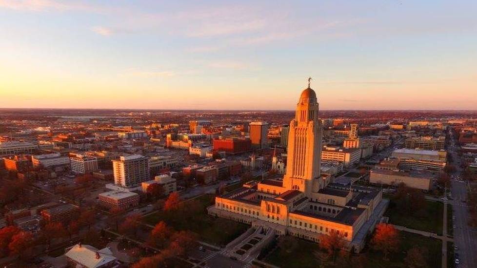 Downtown Lincoln Nebraska during the fall and dusk