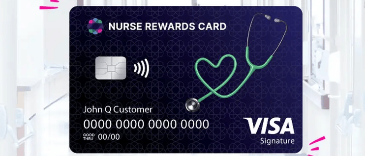 A Nurse Rewards Visa card with a stethoscope forming a heart, set against a hospital hallway background.