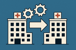 Illustration of two hospital buildings with red crosses on top, connected by interlocking gears and a large arrow between them, symbolizing a hospital merger.