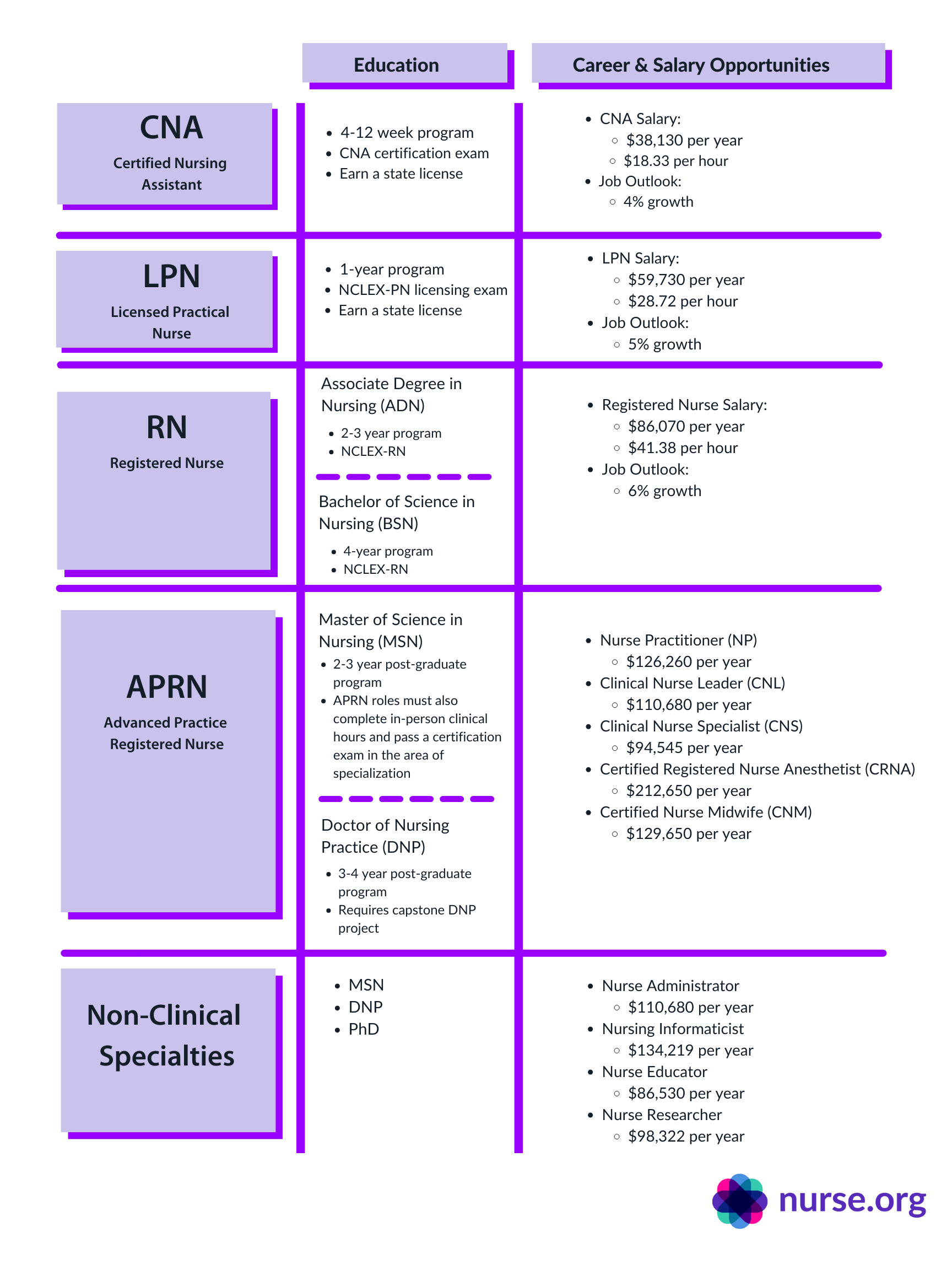 Infographic on the levels of nursing, their requirements, and career details.